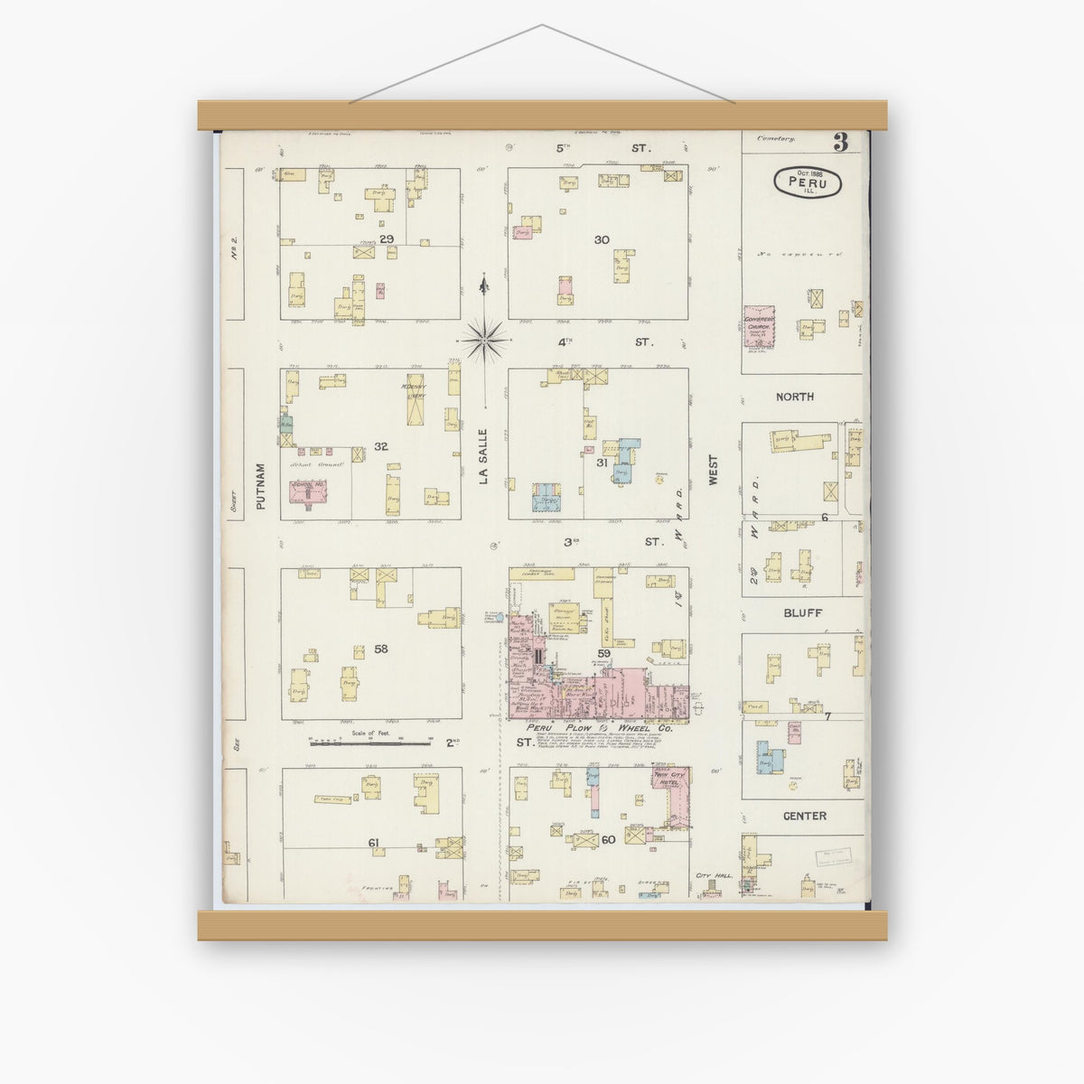 Old map wall art mockup — magnetic wood frame on white wall — Sanborn Fire Insurance Map from Peru, La Salle County, Illinois (1888), Sheet #0003