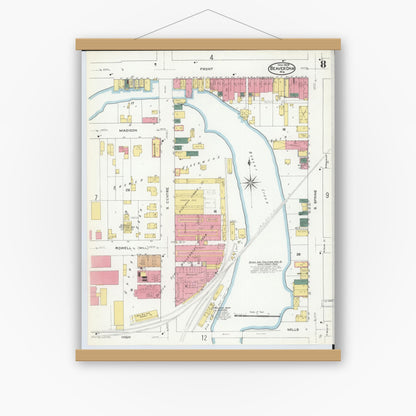 Old map wall art mockup — magnetic wood frame on white wall — Sanborn Fire Insurance Map from Beaver Dam, Dodge County, Wisconsin (1909), Sheet #0008