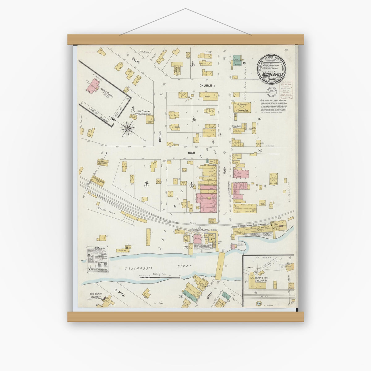 Old map wall art mockup — magnetic wood frame on white wall — Sanborn Fire Insurance Map from Middleville, Barry County, Michigan (1899), Sheet #0001