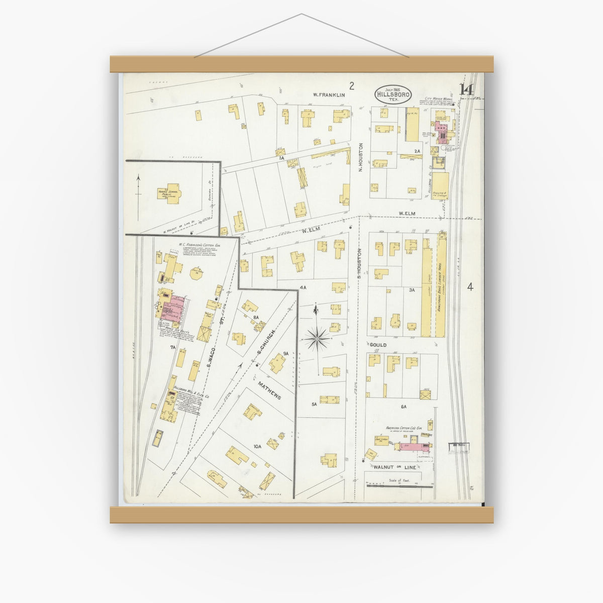 Old map wall art mockup — magnetic wood frame on white wall — Sanborn Fire Insurance Map from Hillsboro, Hill County, Texas (1905), Sheet #0014