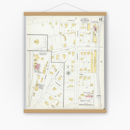 Old map wall art mockup — magnetic wood frame on white wall — Sanborn Fire Insurance Map from Hillsboro, Hill County, Texas (1905), Sheet #0014