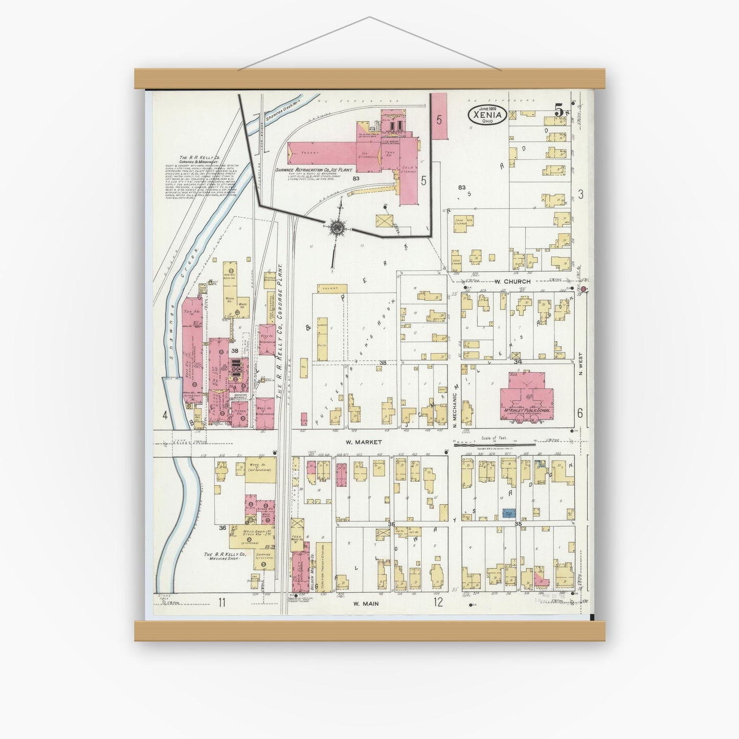 Old map wall art mockup — magnetic wood frame on white wall — Sanborn Fire Insurance Map from Xenia, Greene County, Ohio (1919), Sheet #0005