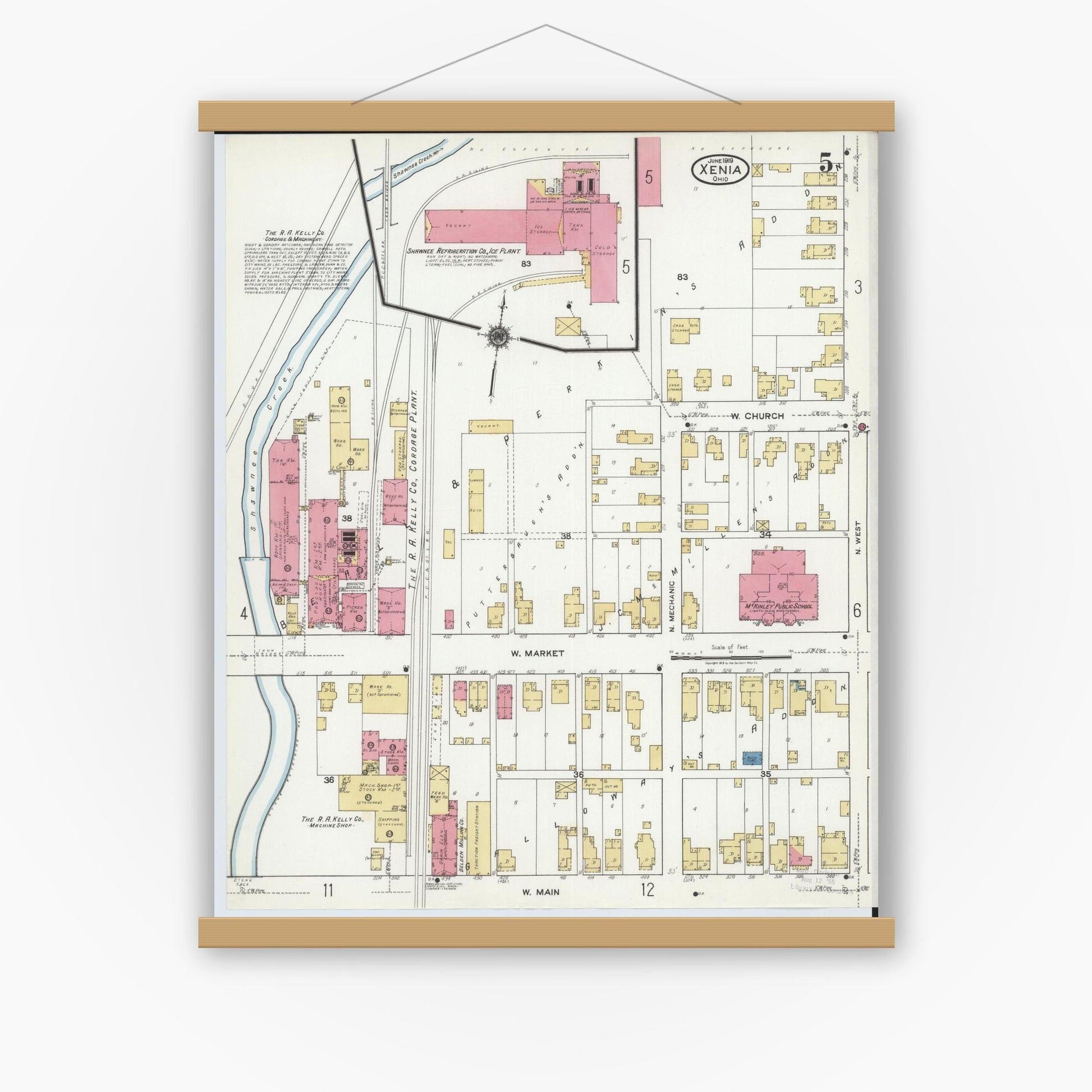 Old map wall art mockup — magnetic wood frame on white wall — Sanborn Fire Insurance Map from Xenia, Greene County, Ohio (1919), Sheet #0005
