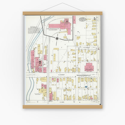 Old map wall art mockup — magnetic wood frame on white wall — Sanborn Fire Insurance Map from Xenia, Greene County, Ohio (1919), Sheet #0005