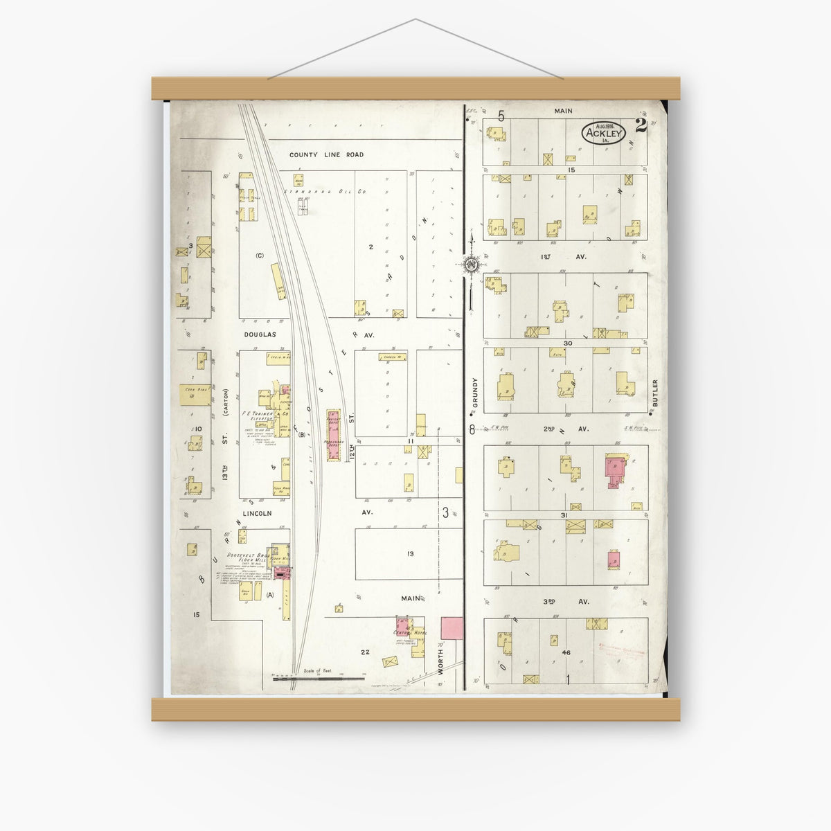 Old map wall art mockup — magnetic wood frame on white wall — Sanborn Fire Insurance Map from Ackley, Hardin and Franklin Counties, Iowa (1916), Sheet #0002