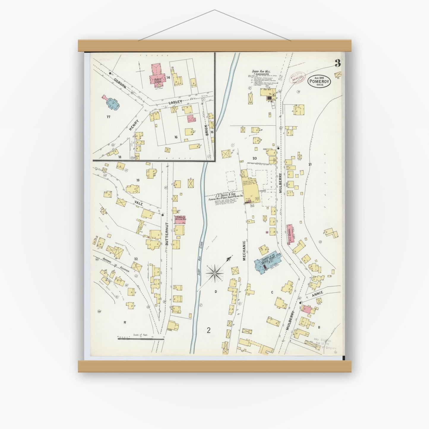 Old map wall art mockup — magnetic wood frame on white wall — Sanborn Fire Insurance Map from Pomeroy, Meigs County, Ohio (1899), Sheet #0003