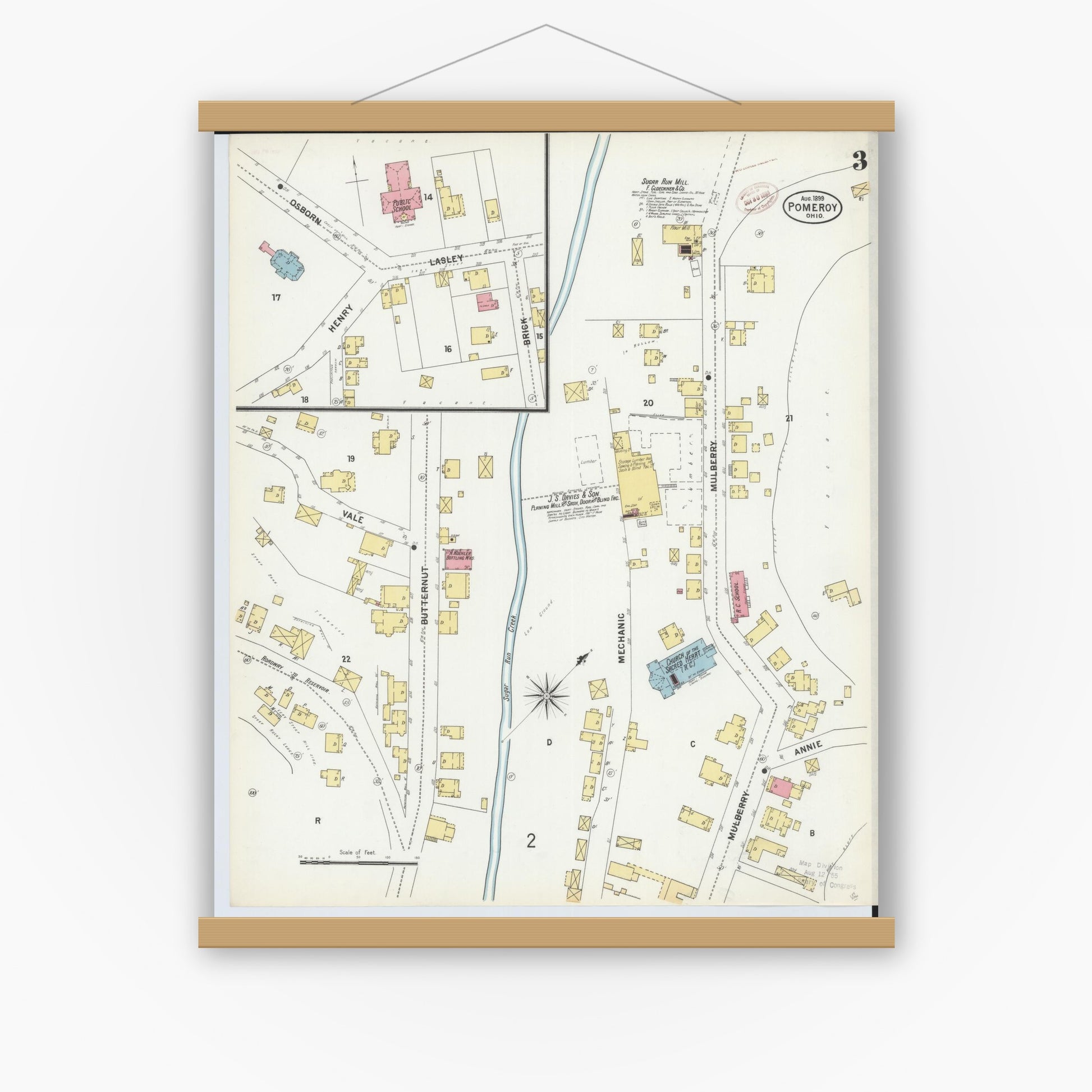 Old map wall art mockup — magnetic wood frame on white wall — Sanborn Fire Insurance Map from Pomeroy, Meigs County, Ohio (1899), Sheet #0003