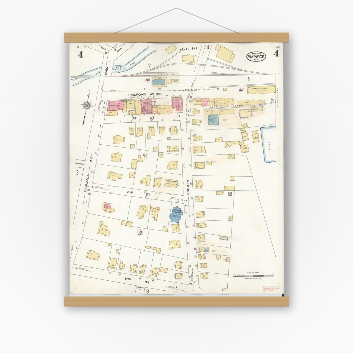 Old map wall art mockup — magnetic wood frame on white wall — Sanborn Fire Insurance Map from Warwick, Orange County, New York (1940), Sheet #0004