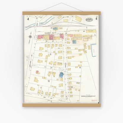 Old map wall art mockup — magnetic wood frame on white wall — Sanborn Fire Insurance Map from Warwick, Orange County, New York (1940), Sheet #0004