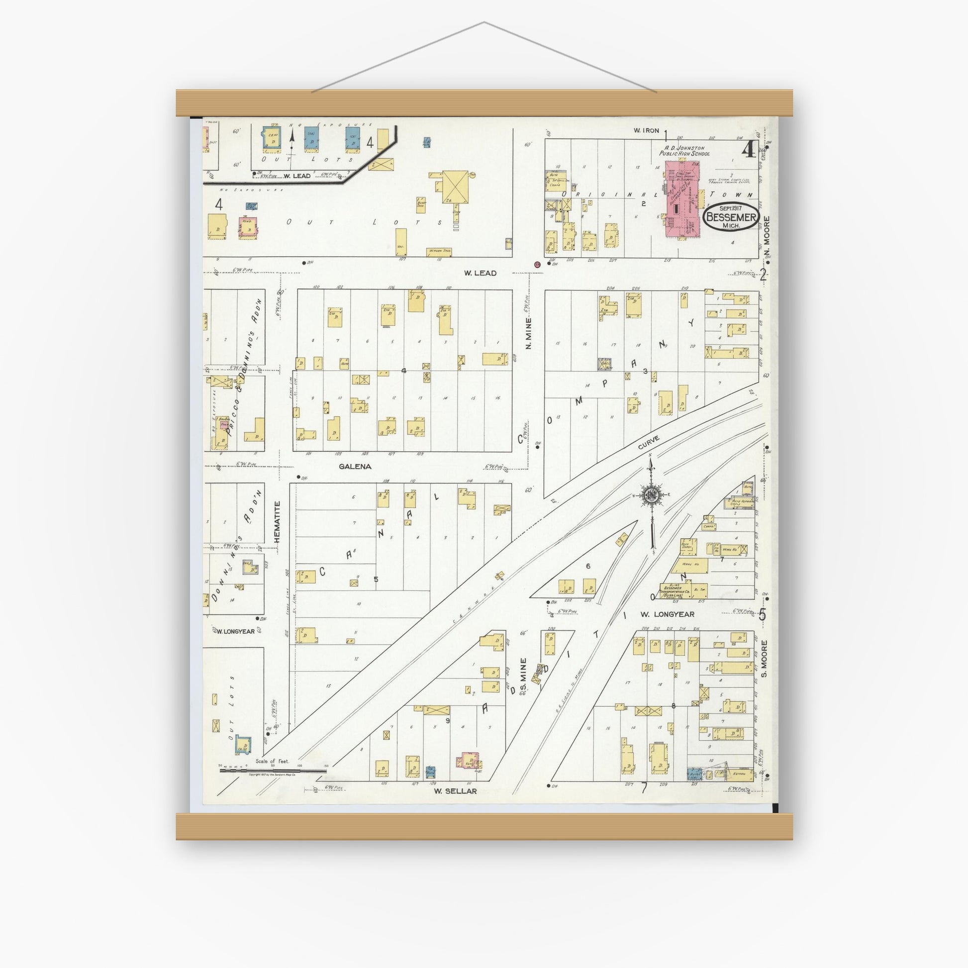 Old map wall art mockup — magnetic wood frame on white wall — Sanborn Fire Insurance Map from Bessemer, Gogebic County, Michigan (1917), Sheet #0004