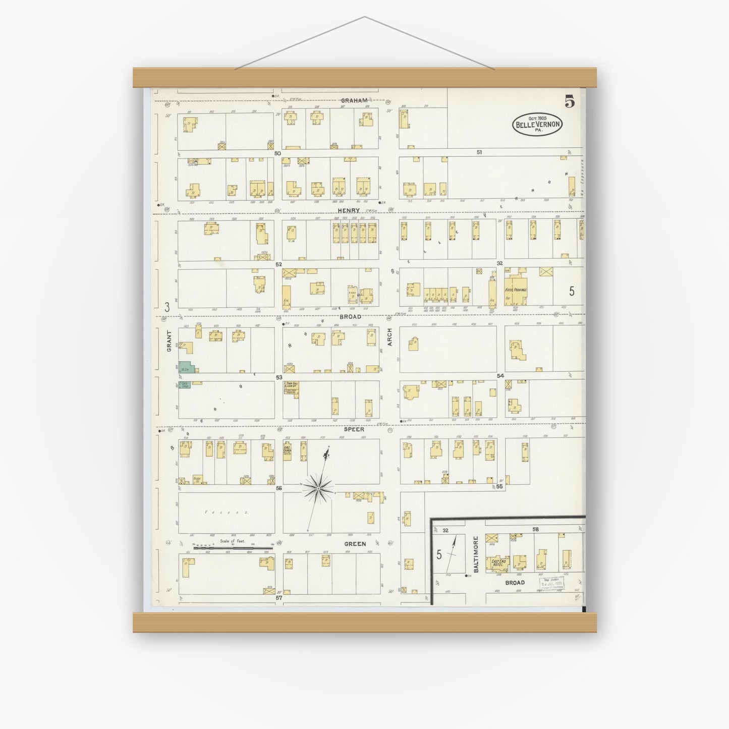 Old map wall art mockup — magnetic wood frame on white wall — Sanborn Fire Insurance Map from Belle Vernon, Fayette County, Pennsylvania (1905), Sheet #0005