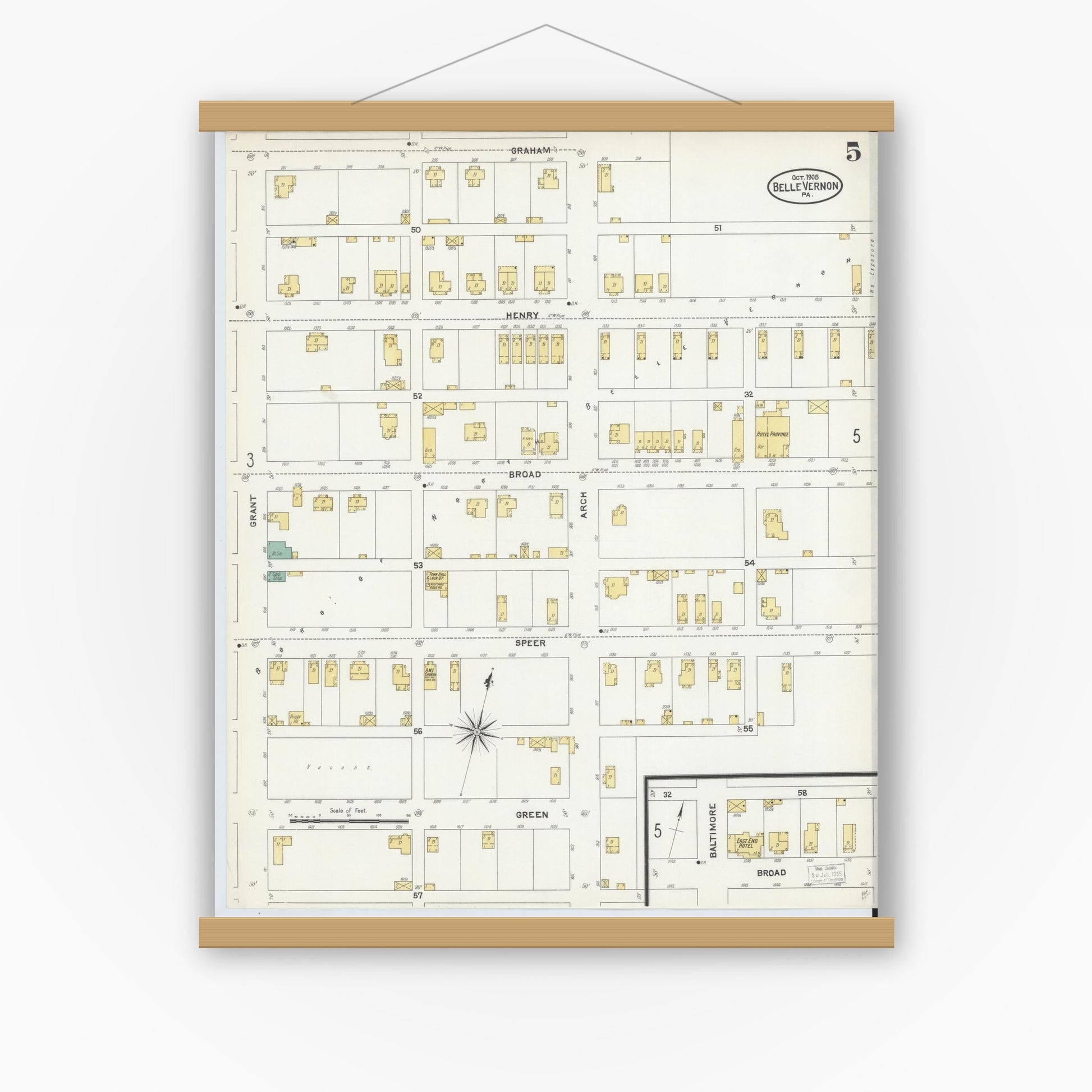 Old map wall art mockup — magnetic wood frame on white wall — Sanborn Fire Insurance Map from Belle Vernon, Fayette County, Pennsylvania (1905), Sheet #0005