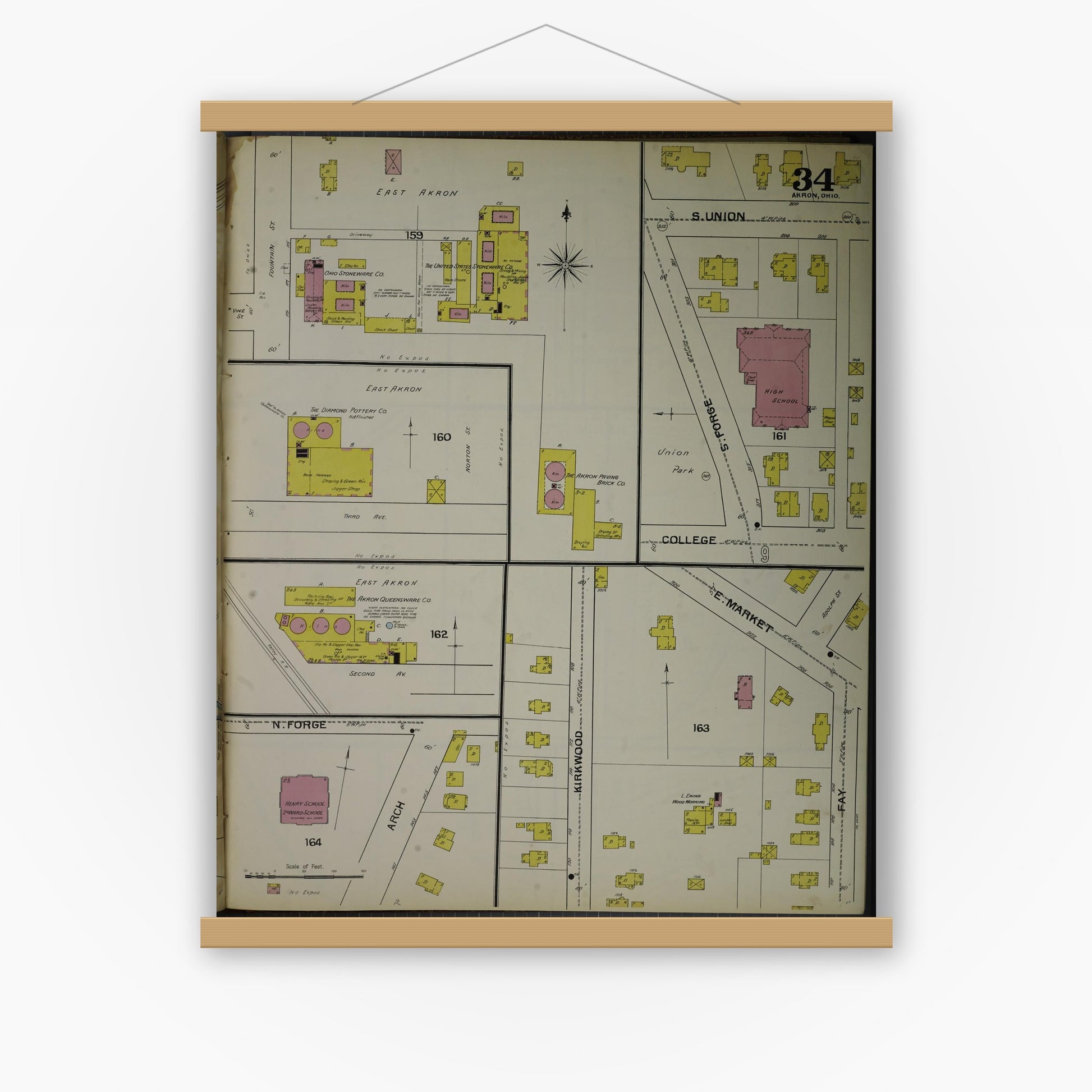 Old map wall art mockup — magnetic wood frame on white wall — Sanborn Fire Insurance Map from Akron, Summit County, Ohio (1892), Sheet #0034