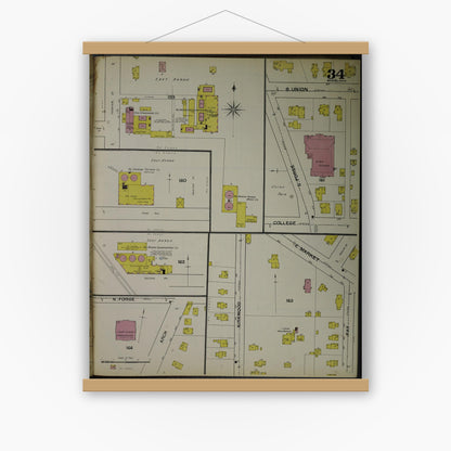 Old map wall art mockup — magnetic wood frame on white wall — Sanborn Fire Insurance Map from Akron, Summit County, Ohio (1892), Sheet #0034