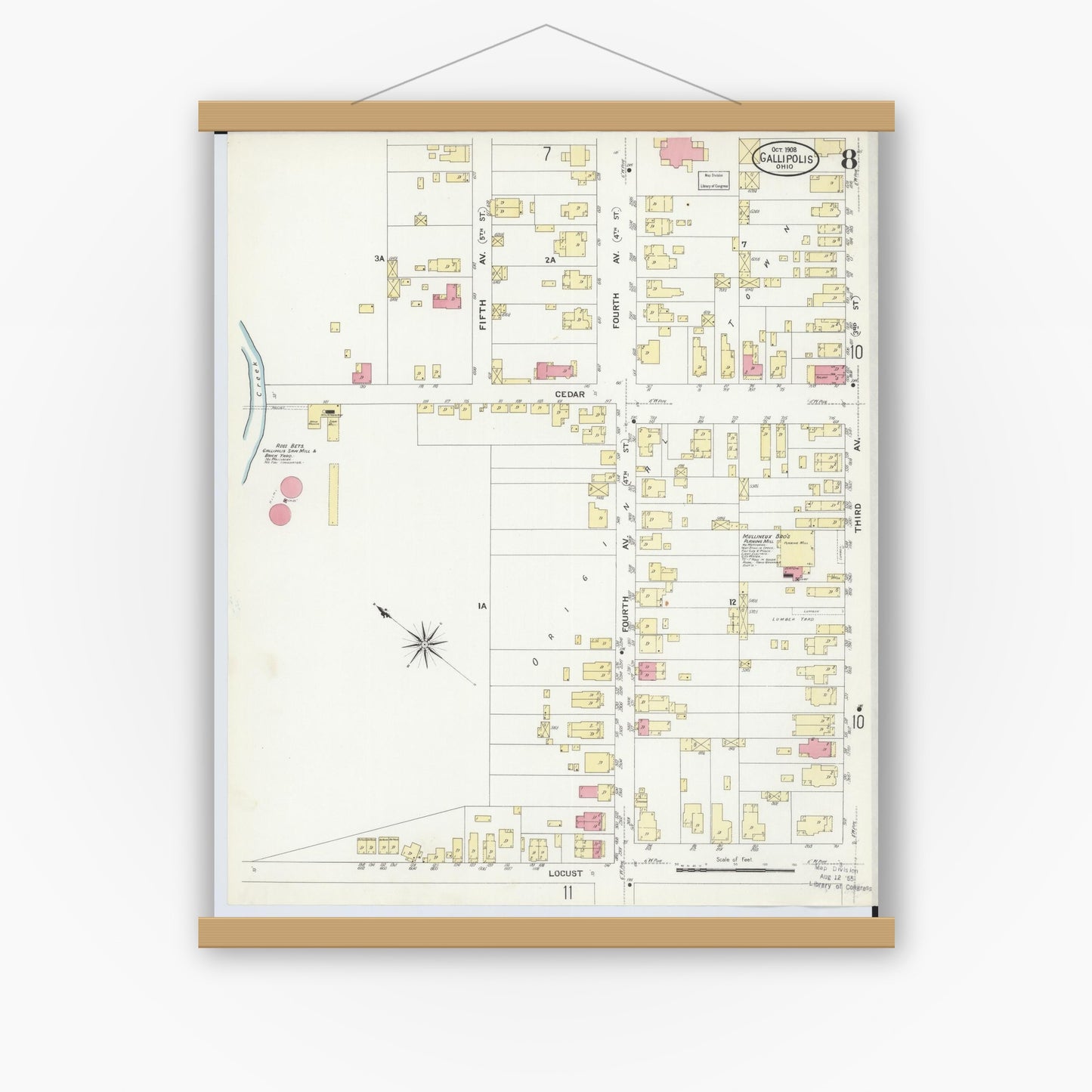 Old map wall art mockup — magnetic wood frame on white wall — Sanborn Fire Insurance Map from Gallipolis, Gallia County, Ohio (1908), Sheet #0008