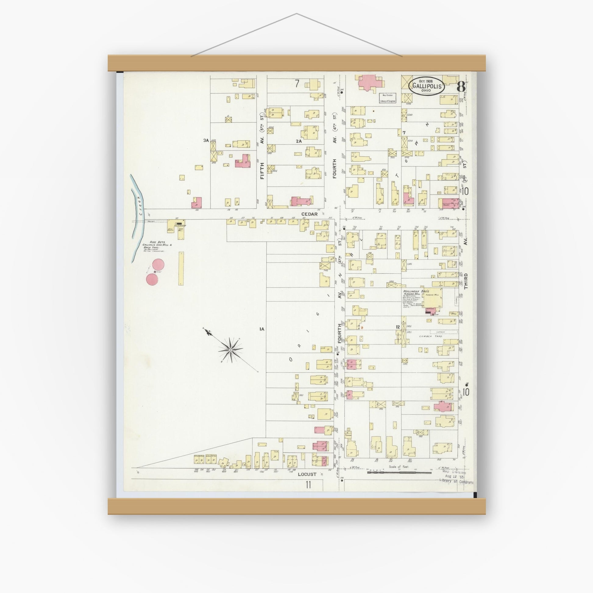 Old map wall art mockup — magnetic wood frame on white wall — Sanborn Fire Insurance Map from Gallipolis, Gallia County, Ohio (1908), Sheet #0008