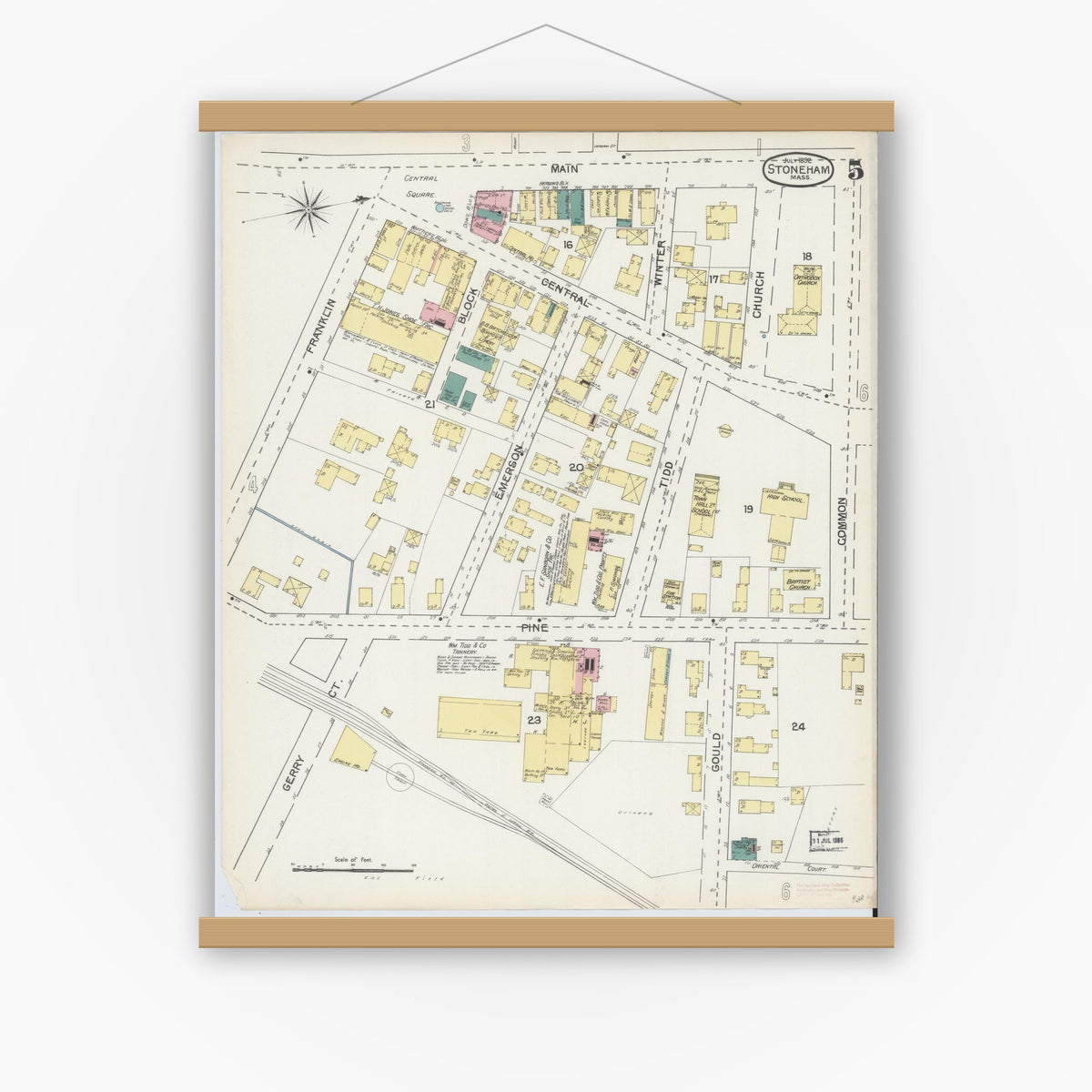 Old map wall art mockup — magnetic wood frame on white wall — Sanborn Fire Insurance Map from Stoneham, Middlesex County, Massachusetts (1892), Sheet #0005