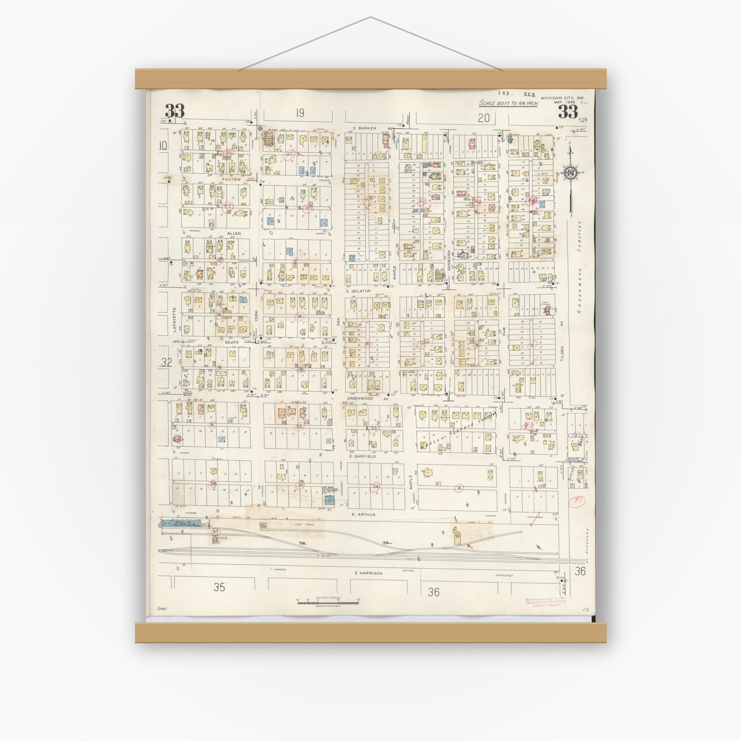 Old map wall art mockup — magnetic wood frame on white wall — Sanborn Fire Insurance Map from Michigan City, La Porte County, Indiana (1948), Sheet #0033