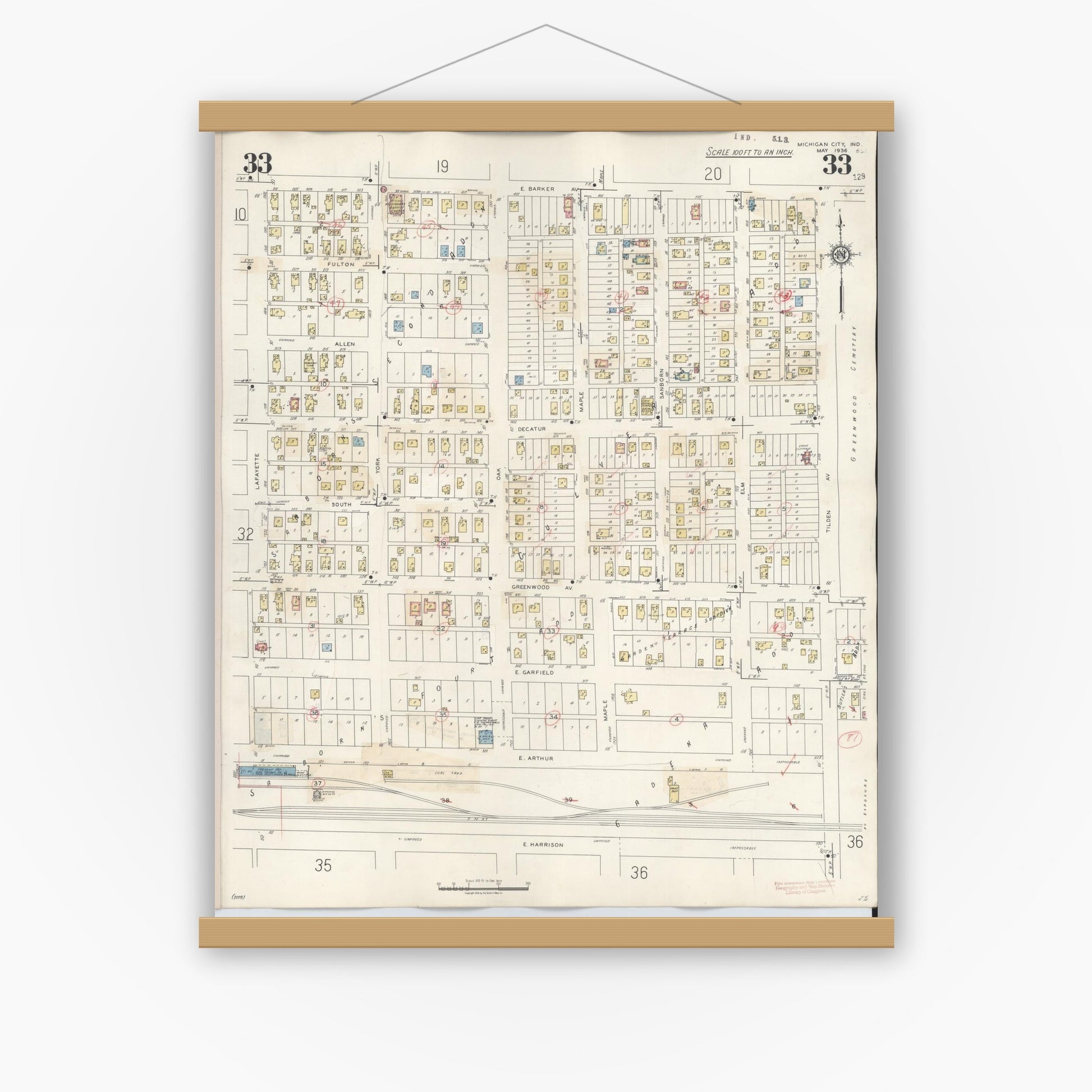 Old map wall art mockup — magnetic wood frame on white wall — Sanborn Fire Insurance Map from Michigan City, La Porte County, Indiana (1948), Sheet #0033
