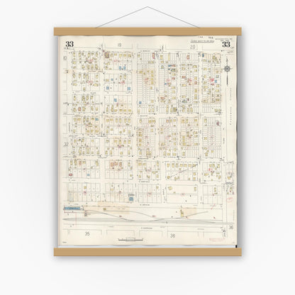 Old map wall art mockup — magnetic wood frame on white wall — Sanborn Fire Insurance Map from Michigan City, La Porte County, Indiana (1948), Sheet #0033
