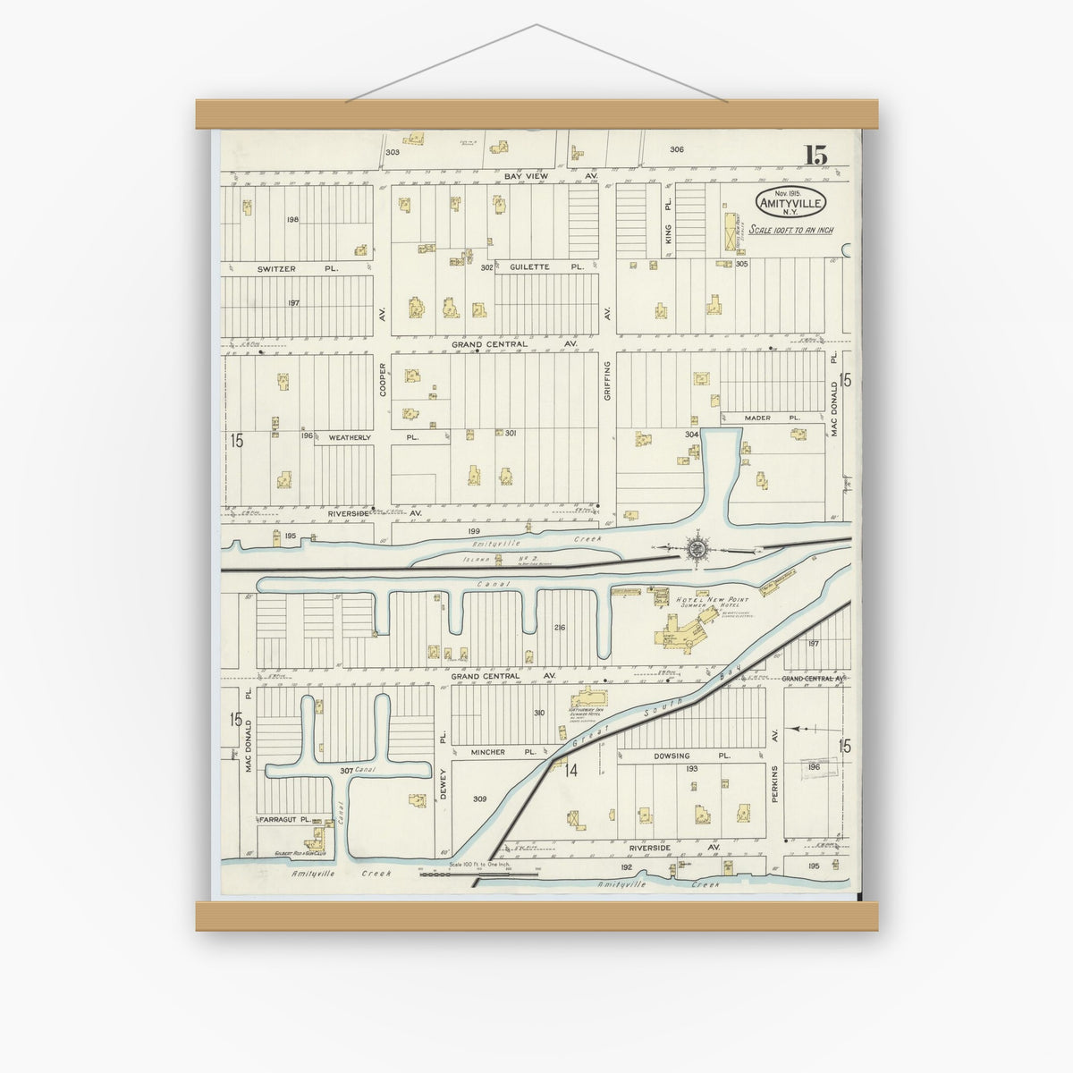Old map wall art mockup — magnetic wood frame on white wall — Sanborn Fire Insurance Map from Amityville, Suffolk County, New York (1915), Sheet #0015