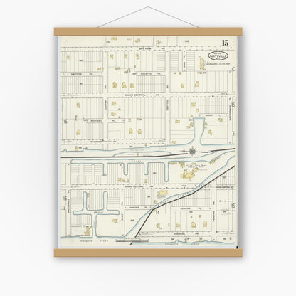 Old map wall art mockup — magnetic wood frame on white wall — Sanborn Fire Insurance Map from Amityville, Suffolk County, New York (1915), Sheet #0015