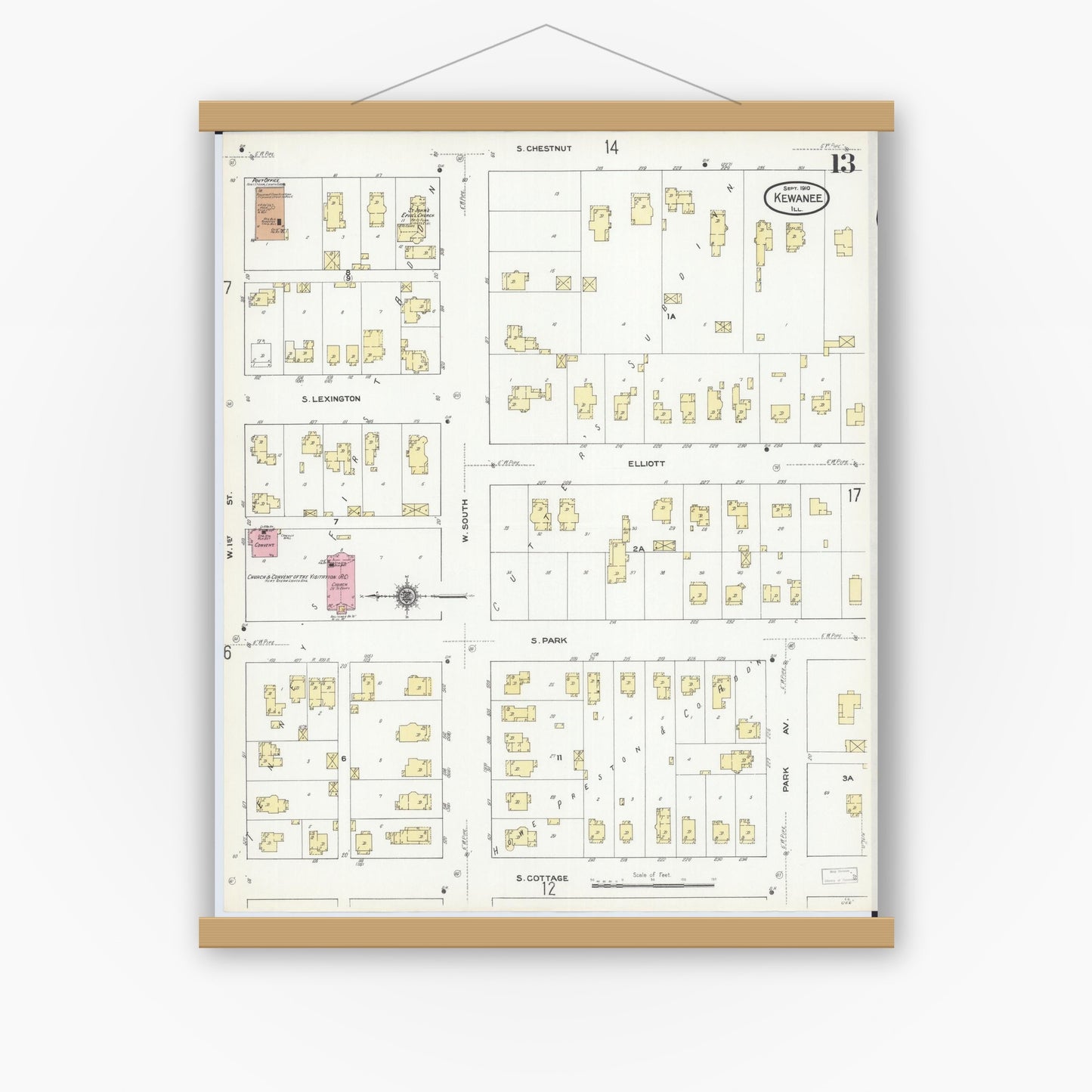 Old map wall art mockup — magnetic wood frame on white wall — Sanborn Fire Insurance Map from Kewanee, Henry County, Illinois (1910), Sheet #0013