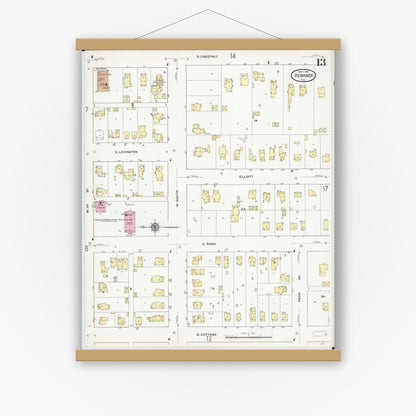 Old map wall art mockup — magnetic wood frame on white wall — Sanborn Fire Insurance Map from Kewanee, Henry County, Illinois (1910), Sheet #0013