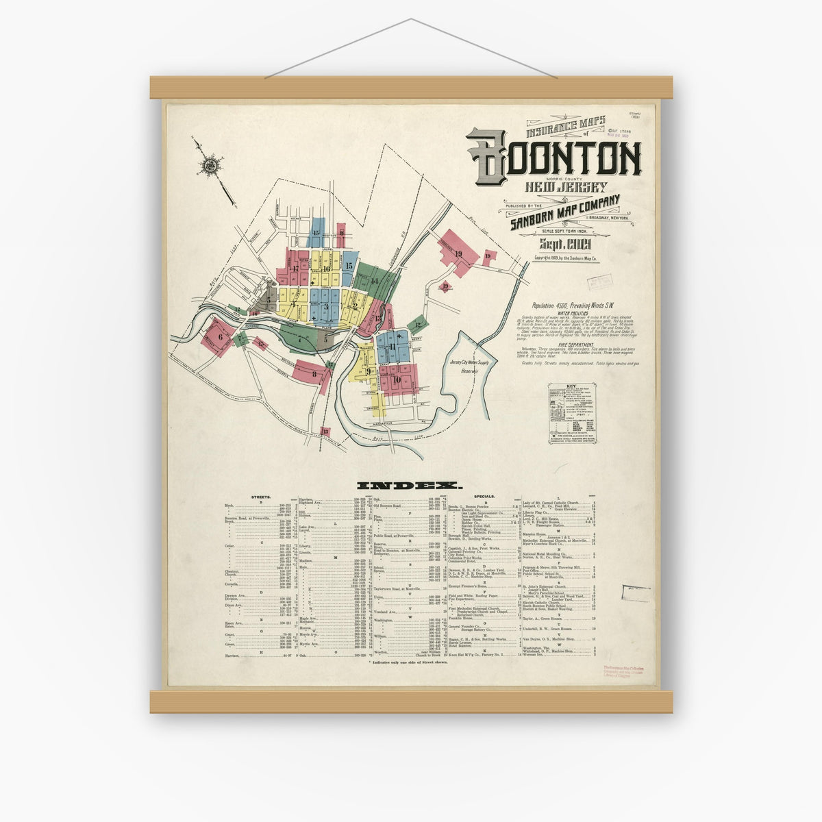 Old map wall art mockup — magnetic wood frame on white wall — Sanborn Fire Insurance Map from Boonton, Morris County, New Jersey (1909), Sheet #0001