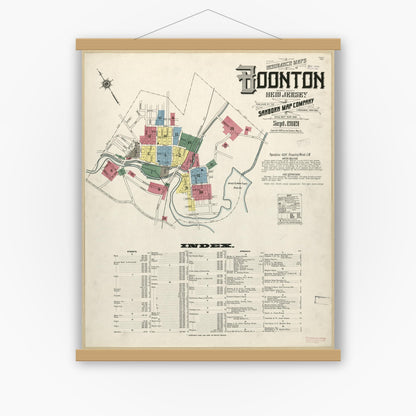 Old map wall art mockup — magnetic wood frame on white wall — Sanborn Fire Insurance Map from Boonton, Morris County, New Jersey (1909), Sheet #0001