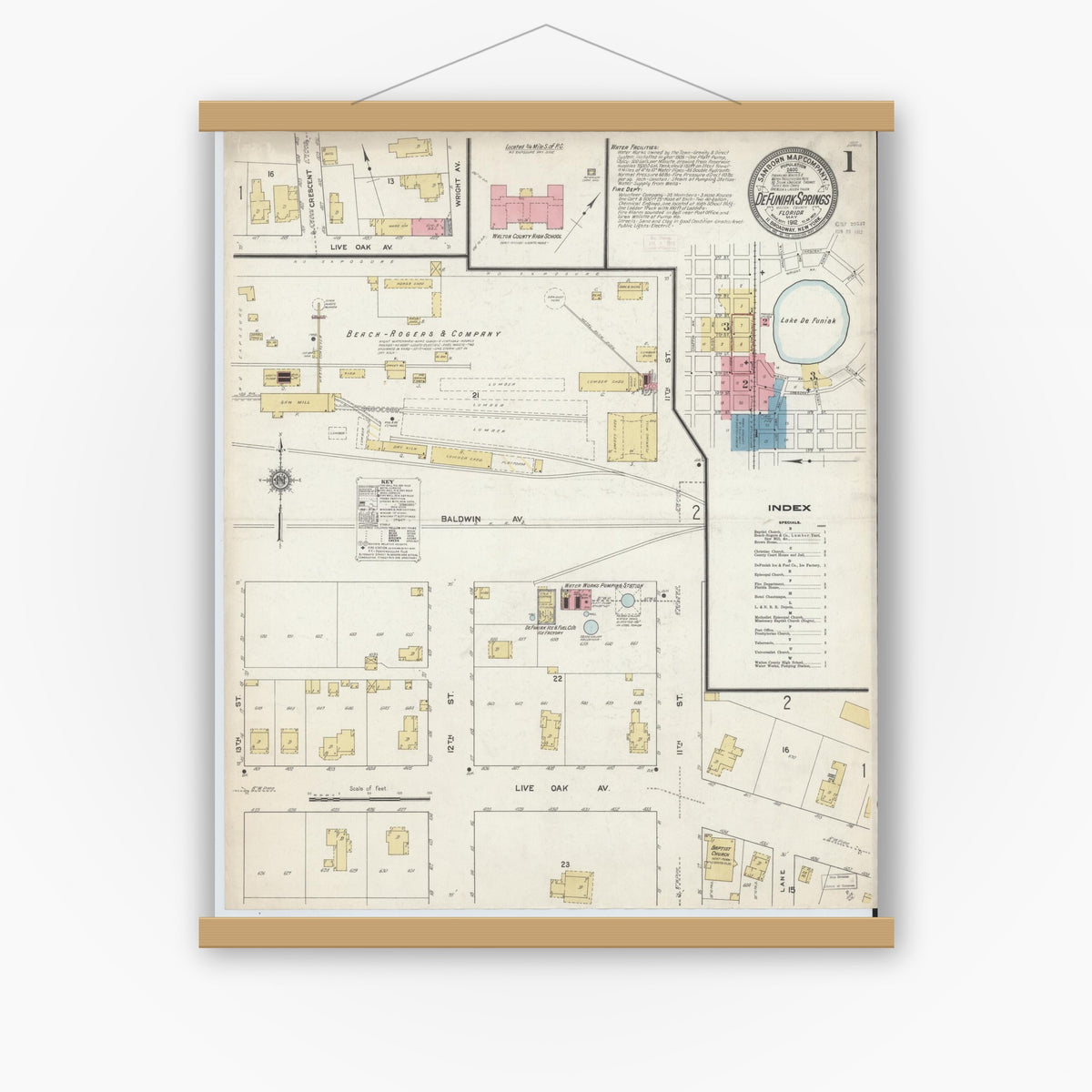 Old map wall art mockup — magnetic wood frame on white wall — Sanborn Fire Insurance Map from De Funiak Springs, Walton County, Florida (1912) - Complete Map Set