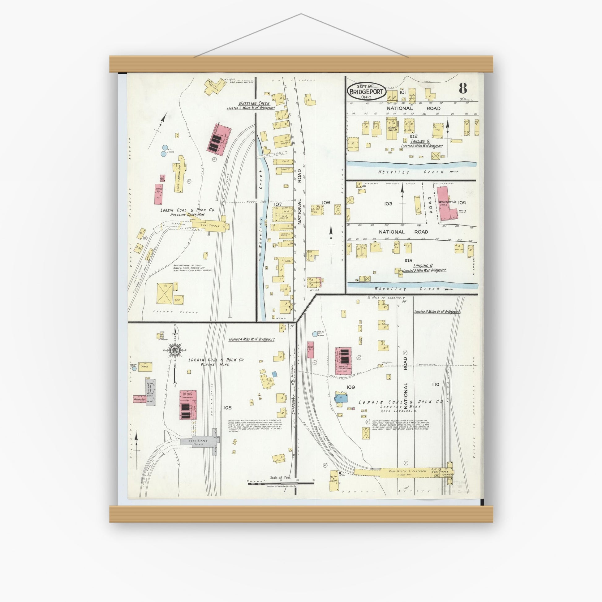Old map wall art mockup — magnetic wood frame on white wall — Sanborn Fire Insurance Map from Bridgeport, Belmont County, Ohio (1917), Sheet #0008
