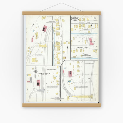 Old map wall art mockup — magnetic wood frame on white wall — Sanborn Fire Insurance Map from Bridgeport, Belmont County, Ohio (1917), Sheet #0008