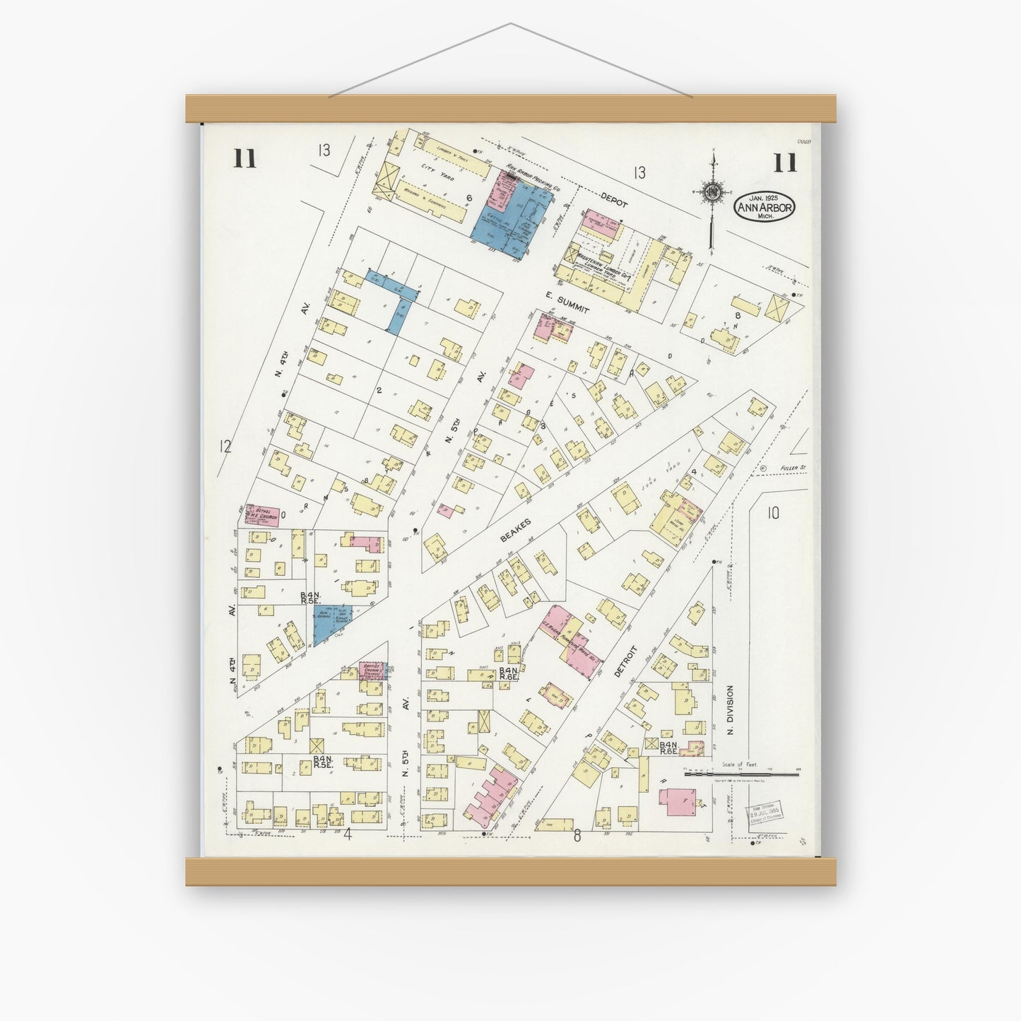 Old map wall art mockup — magnetic wood frame on white wall — Sanborn Fire Insurance Map from Ann Arbor, Washtenaw County, Michigan (1925), Sheet #0011