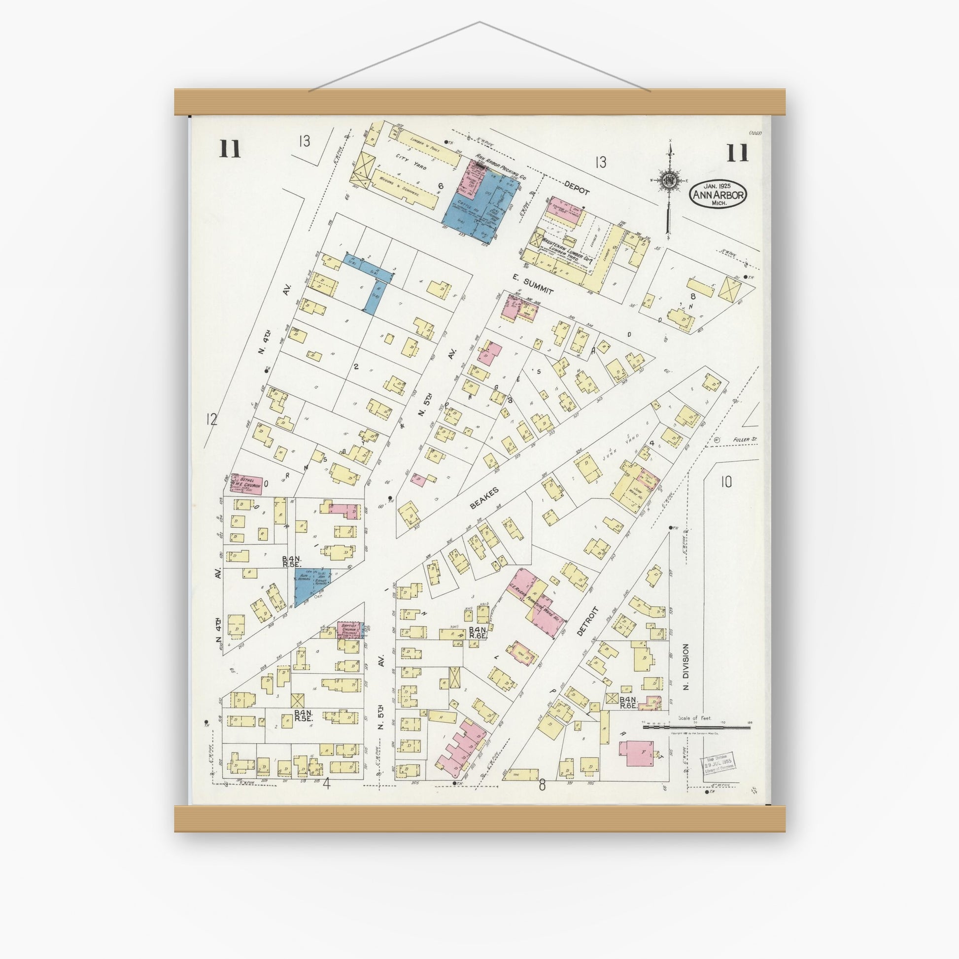Old map wall art mockup — magnetic wood frame on white wall — Sanborn Fire Insurance Map from Ann Arbor, Washtenaw County, Michigan (1925), Sheet #0011