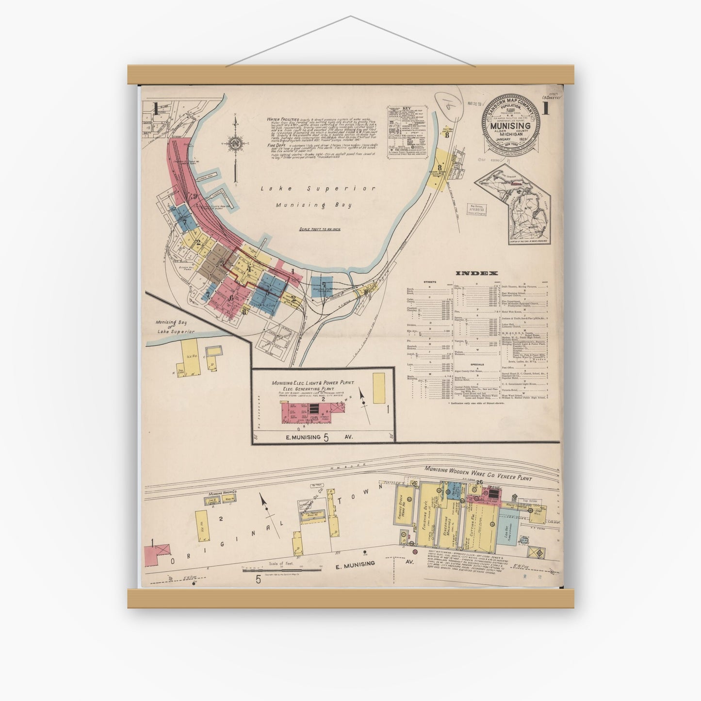 Old map wall art mockup — magnetic wood frame on white wall — Sanborn Fire Insurance Map from Munising, Alger County, Michigan (1923) - Complete Map Set