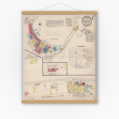 Old map wall art mockup — magnetic wood frame on white wall — Sanborn Fire Insurance Map from Munising, Alger County, Michigan (1923) - Complete Map Set