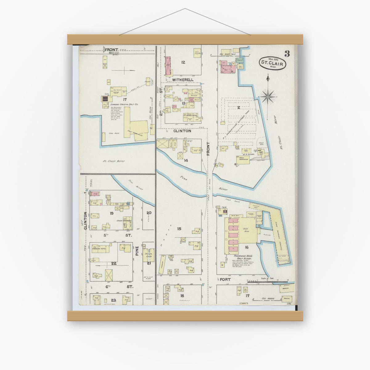 Old map wall art mockup — magnetic wood frame on white wall — Sanborn Fire Insurance Map from Saint Clair, Saint Clair County, Michigan (1890), Sheet #0003