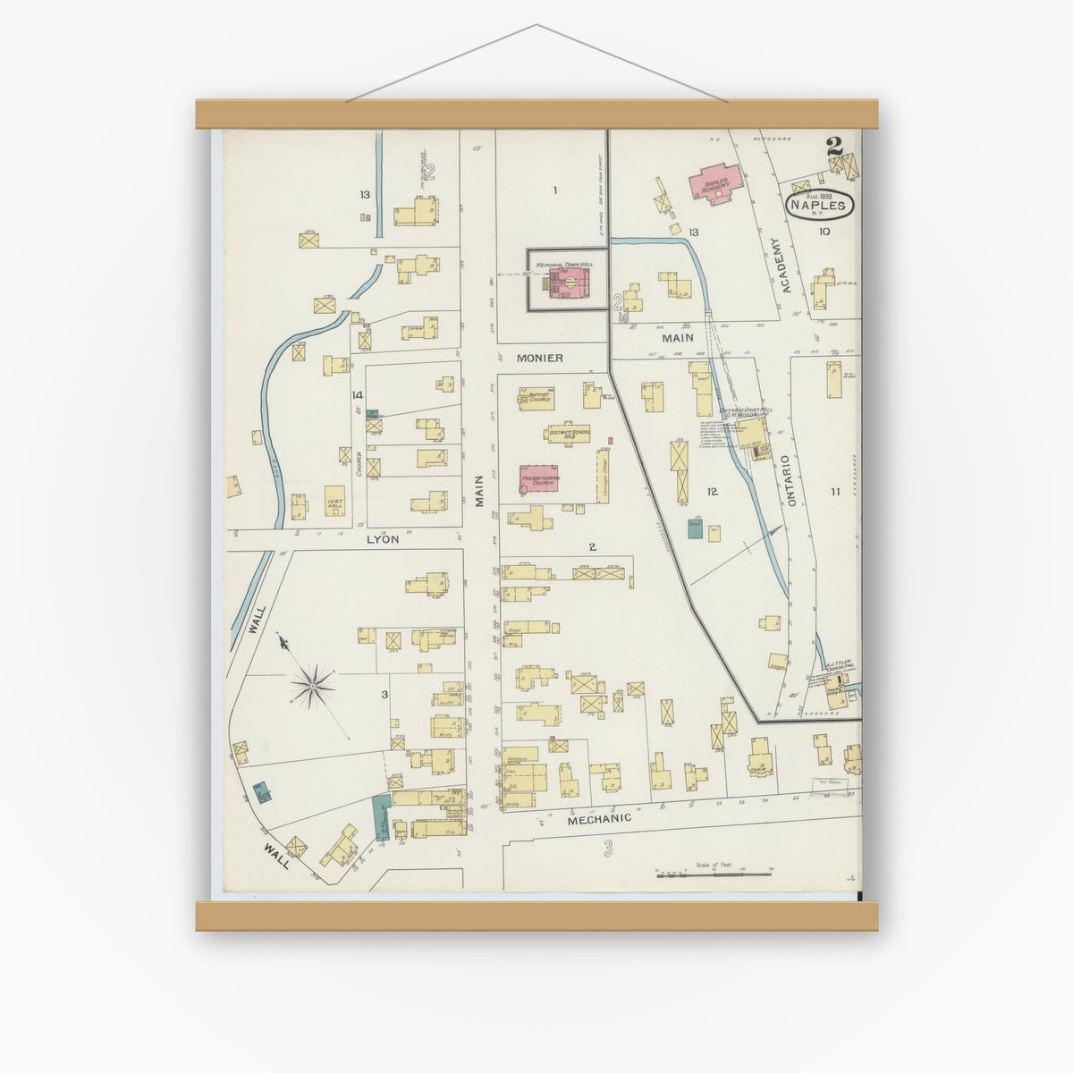 Old map wall art mockup — magnetic wood frame on white wall — Sanborn Fire Insurance Map from Naples, Ontario County, New York (1893), Sheet #0002