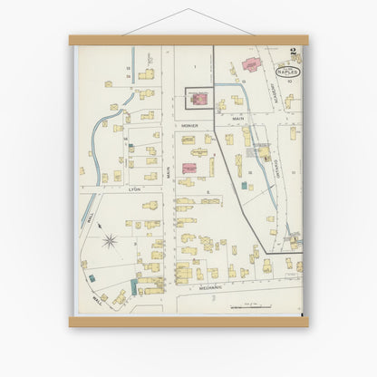 Old map wall art mockup — magnetic wood frame on white wall — Sanborn Fire Insurance Map from Naples, Ontario County, New York (1893), Sheet #0002