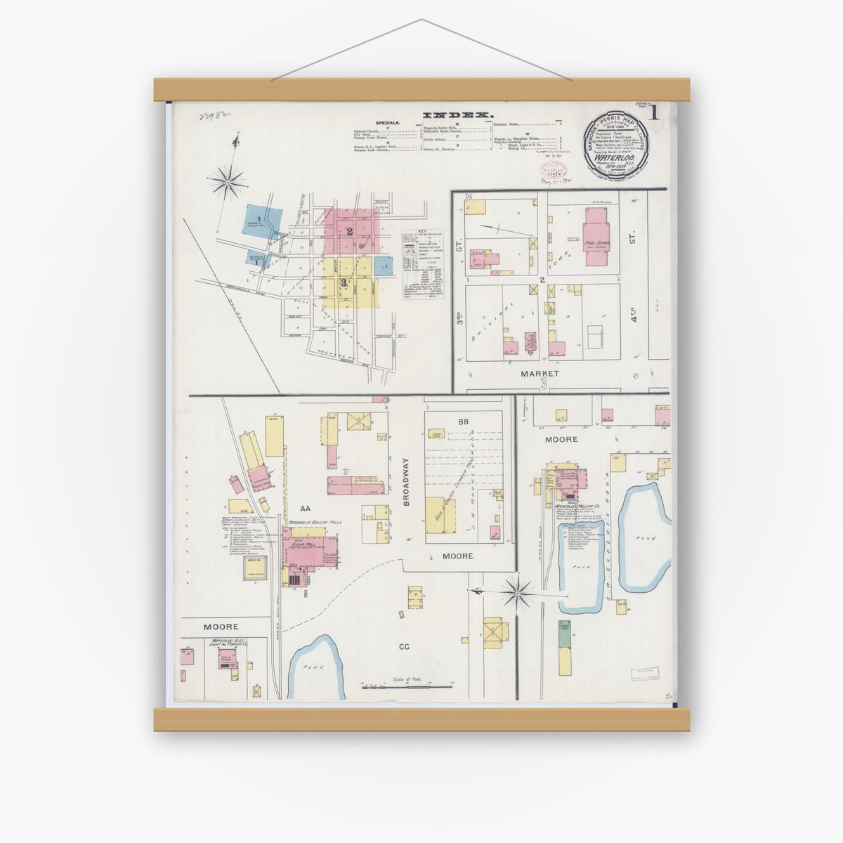 Old map wall art mockup — magnetic wood frame on white wall — Sanborn Fire Insurance Map from Waterloo, Monroe County, Illinois (1898), Sheet #0001