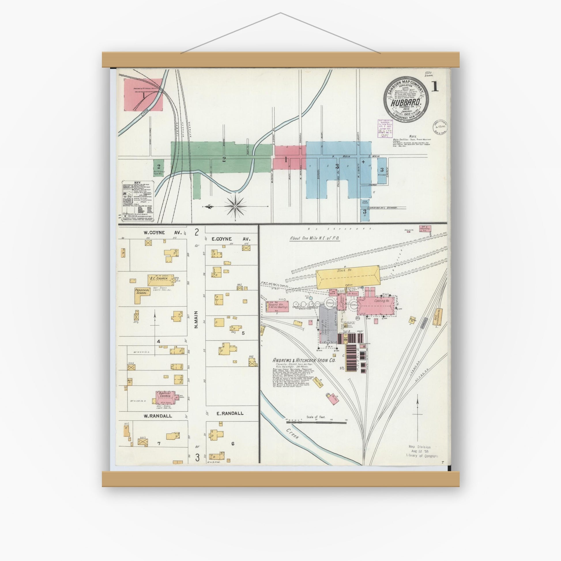 Old map wall art mockup — magnetic wood frame on white wall — Sanborn Fire Insurance Map from Hubbard, Trumbull County, Ohio (1902) - Complete Map Set