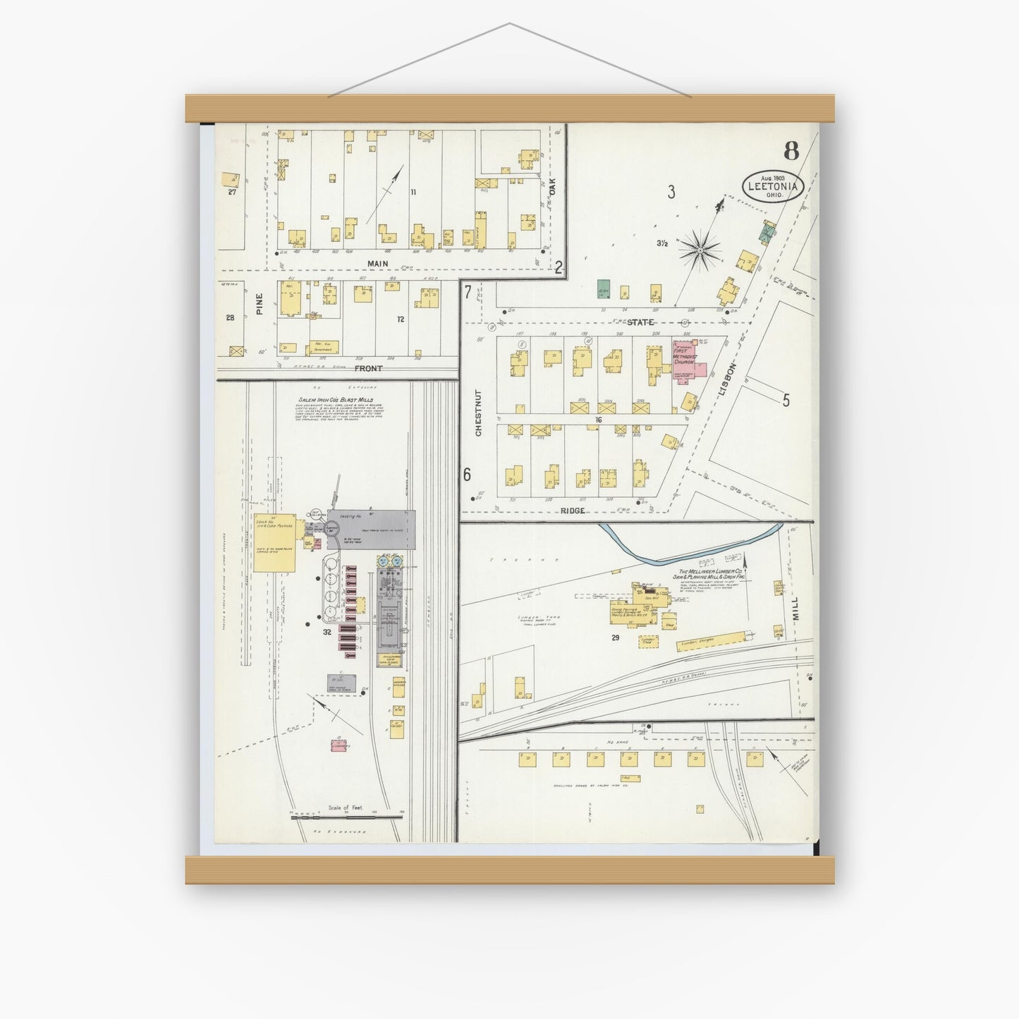 Old map wall art mockup — magnetic wood frame on white wall — Sanborn Fire Insurance Map from Leetonia, Columbiana County, Ohio (1903), Sheet #0008