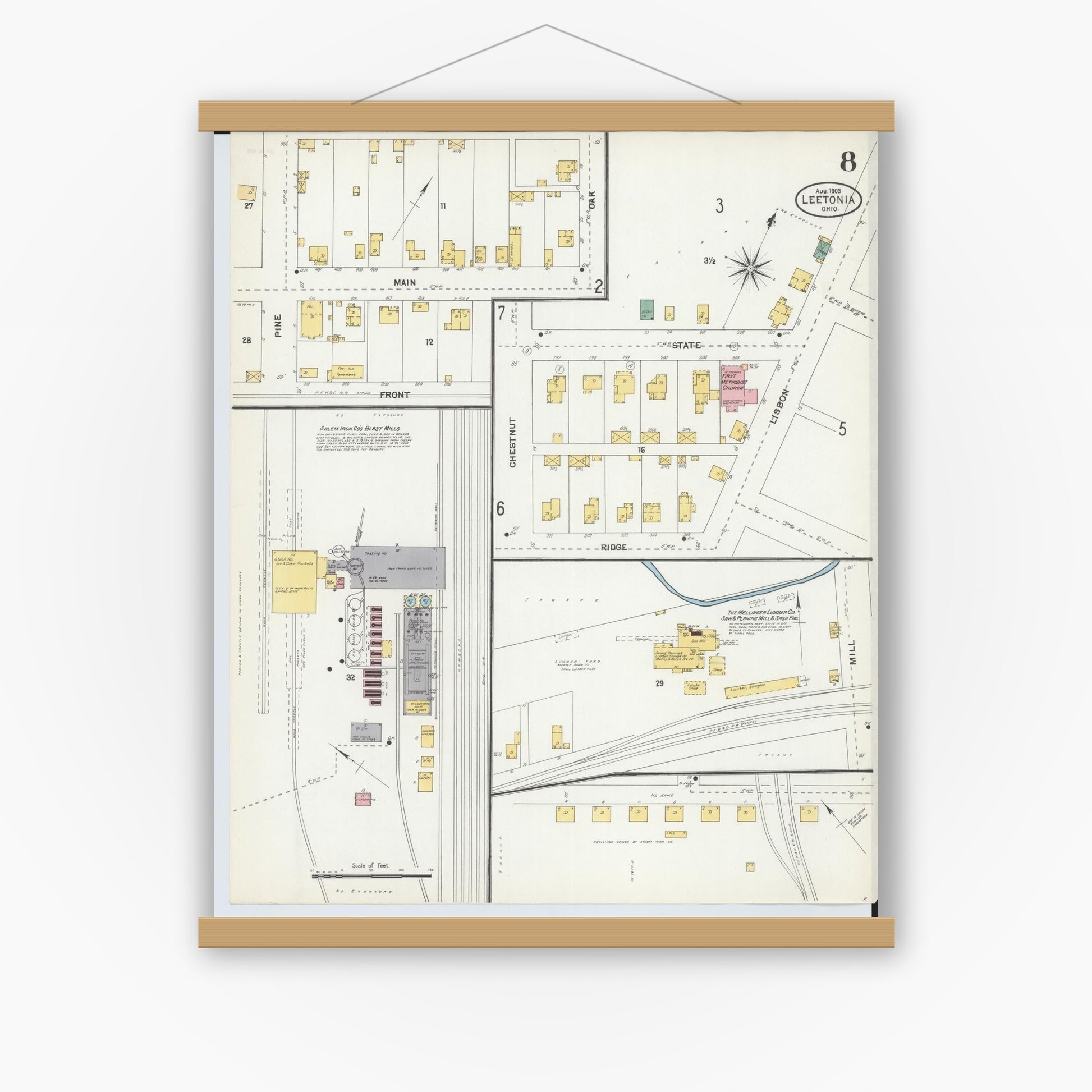 Old map wall art mockup — magnetic wood frame on white wall — Sanborn Fire Insurance Map from Leetonia, Columbiana County, Ohio (1903), Sheet #0008