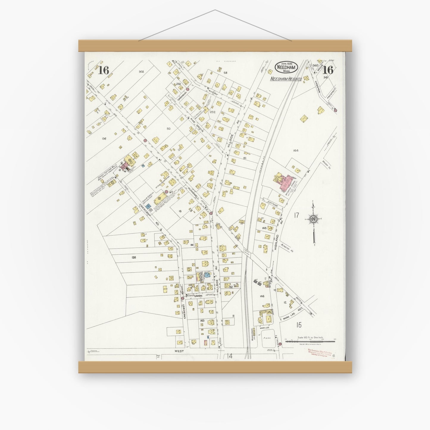 Old map wall art mockup — magnetic wood frame on white wall — Sanborn Fire Insurance Map from Needham, Norfolk County, Massachusetts (1926), Sheet #0016