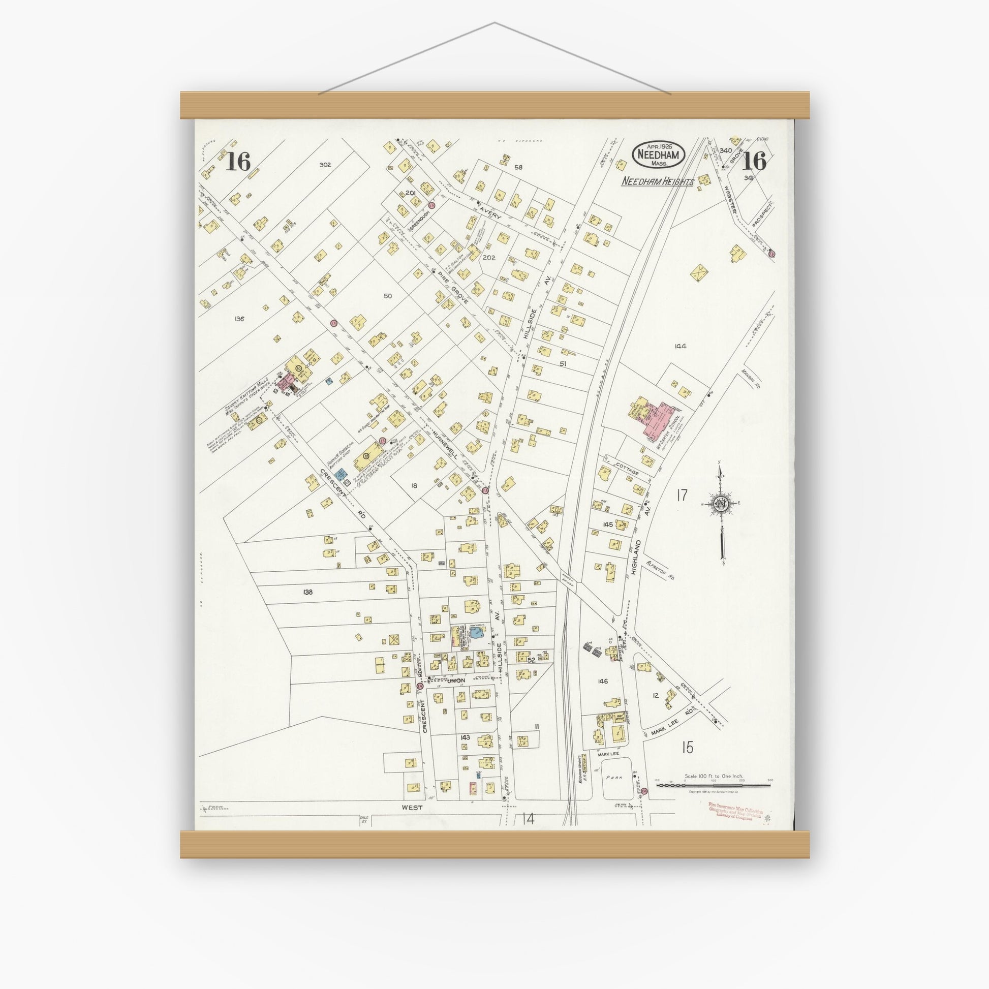 Old map wall art mockup — magnetic wood frame on white wall — Sanborn Fire Insurance Map from Needham, Norfolk County, Massachusetts (1926), Sheet #0016