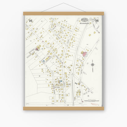 Old map wall art mockup — magnetic wood frame on white wall — Sanborn Fire Insurance Map from Needham, Norfolk County, Massachusetts (1926), Sheet #0016