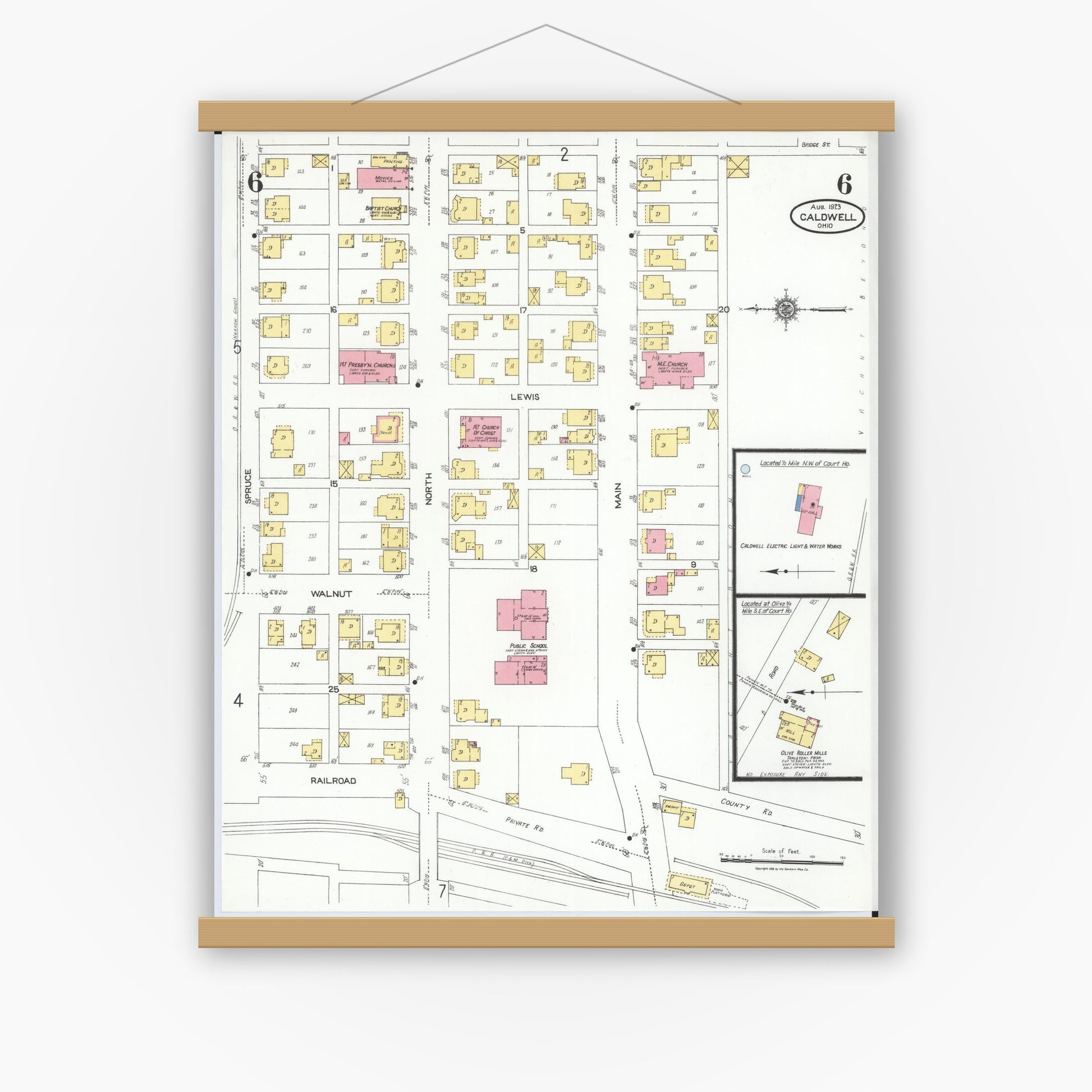 Old map wall art mockup — magnetic wood frame on white wall — Sanborn Fire Insurance Map from Caldwell, Noble County, Ohio (1923), Sheet #0006