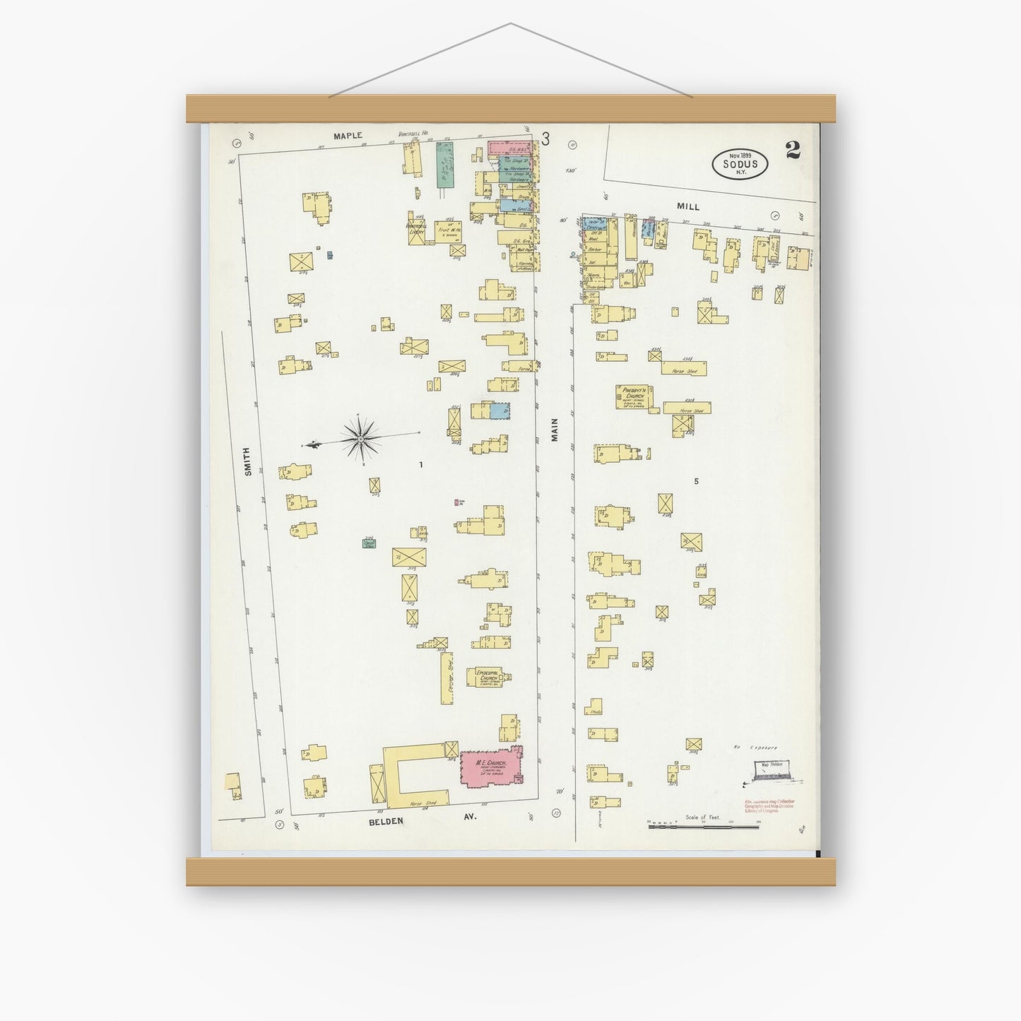 Old map wall art mockup — magnetic wood frame on white wall — Sanborn Fire Insurance Map from Sodus, Wayne County, New York (1899), Sheet #0002