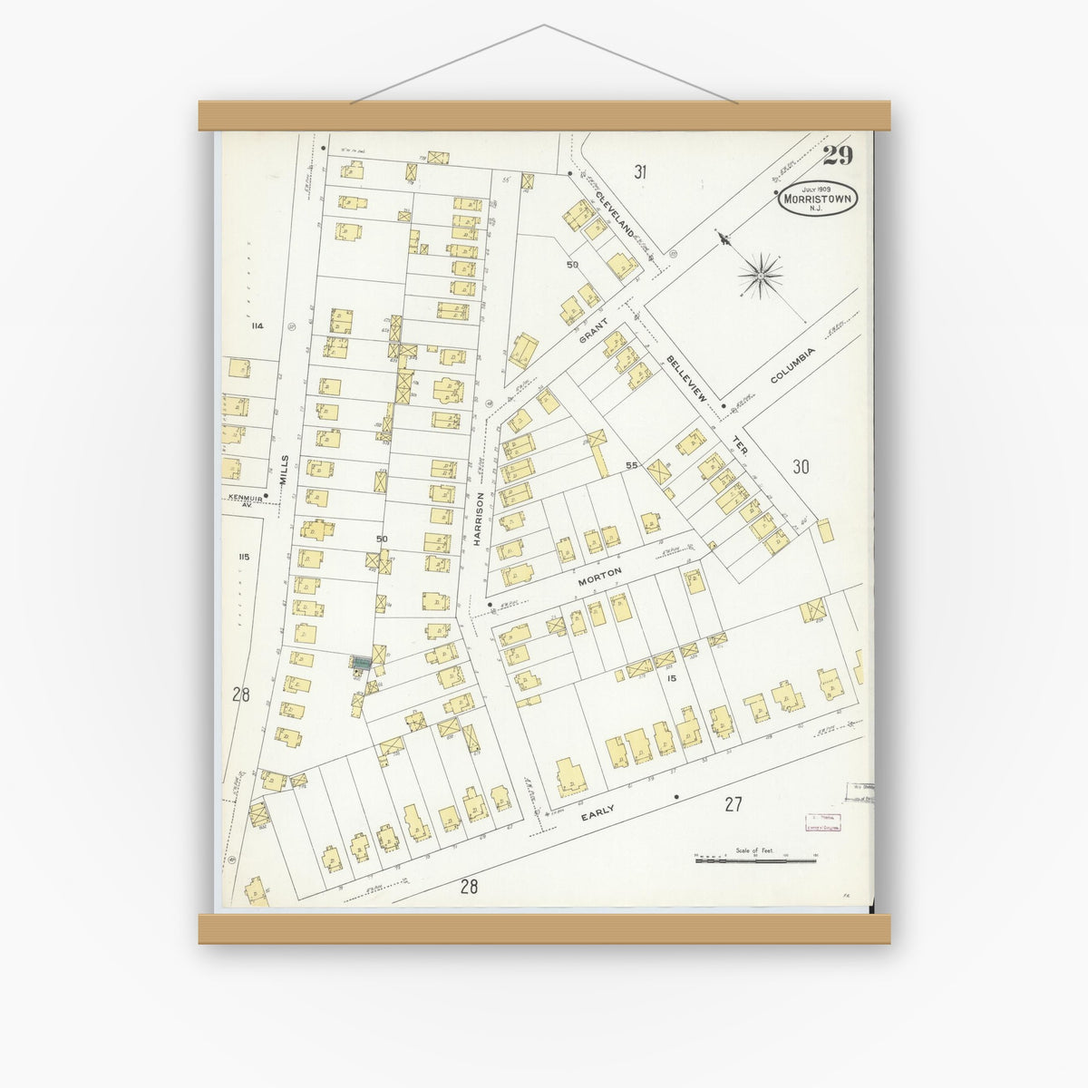Old map wall art mockup — magnetic wood frame on white wall — Sanborn Fire Insurance Map from Morristown, Morris County, New Jersey (1909), Sheet #0029